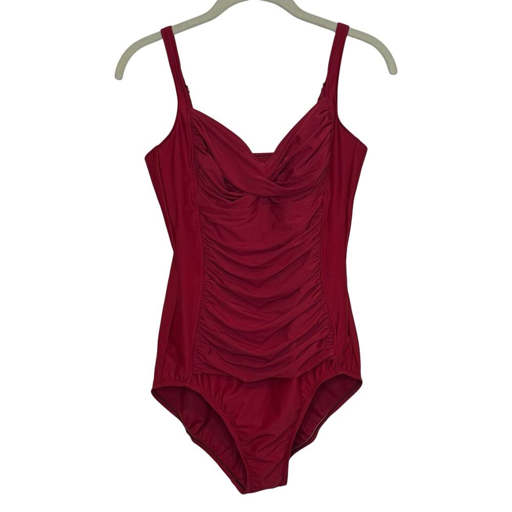 Miraclesuit Size 12 Deep Red Ruched One Piece Adjustable Straps Swimsuit